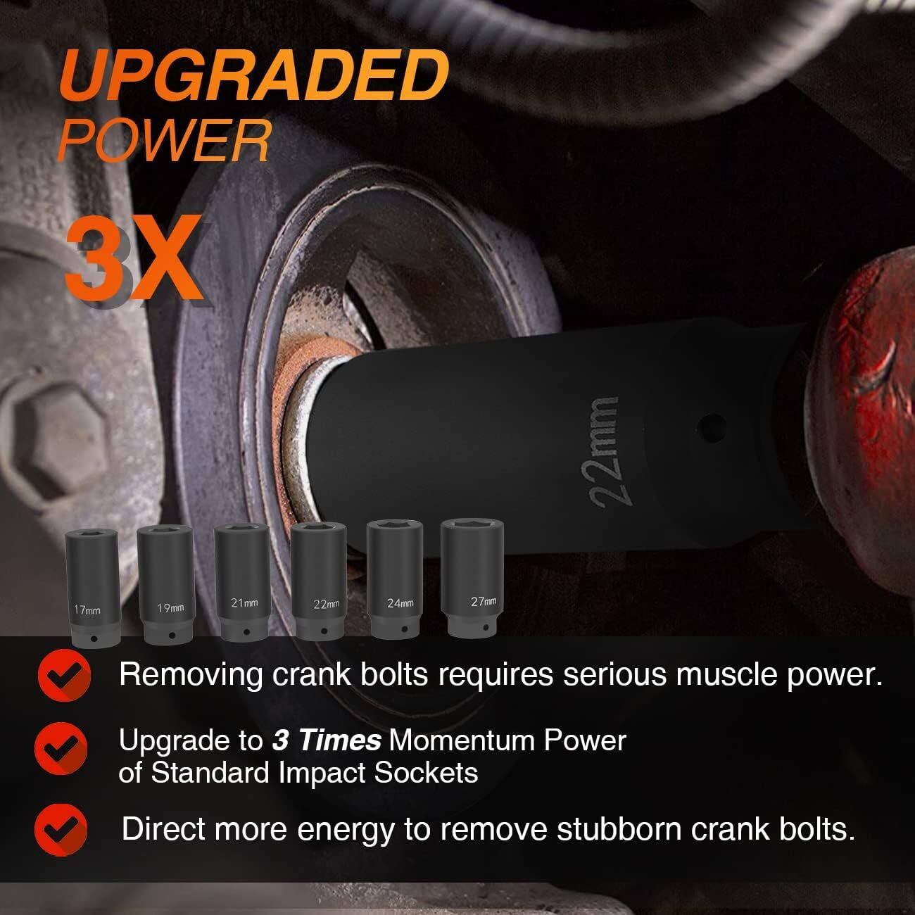 6*Crank Bolt Socket Set 17MM,19MM,21MM,22MM,24MM,27MM, Harmonic Balancer Socket