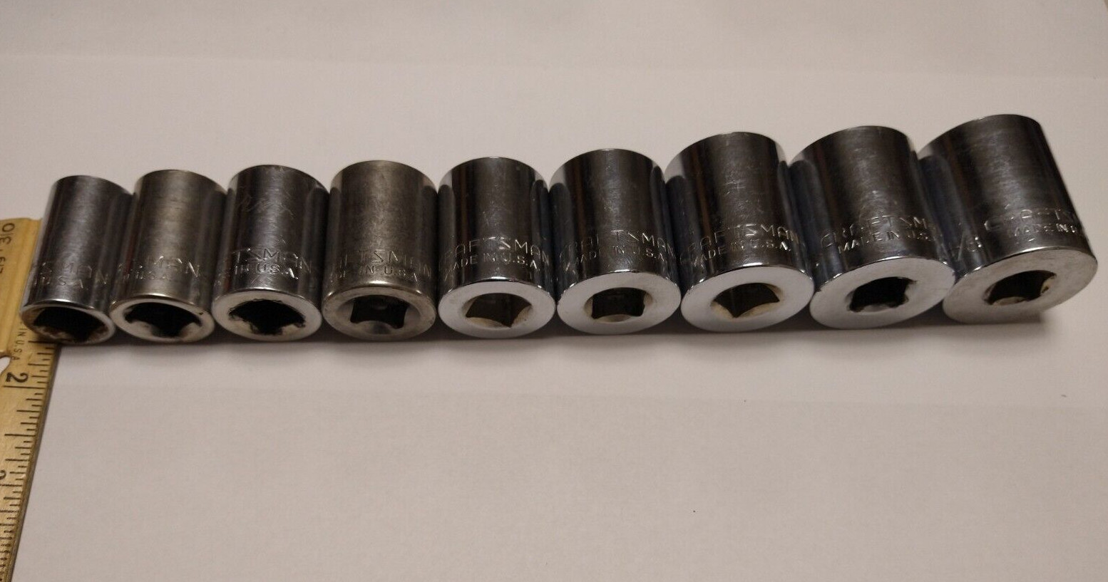Craftsman Vintage 9 Pc Socket Set 1/2″ Dr 12 Pt Shallow 5/8″ to 1 1/8″ G USA