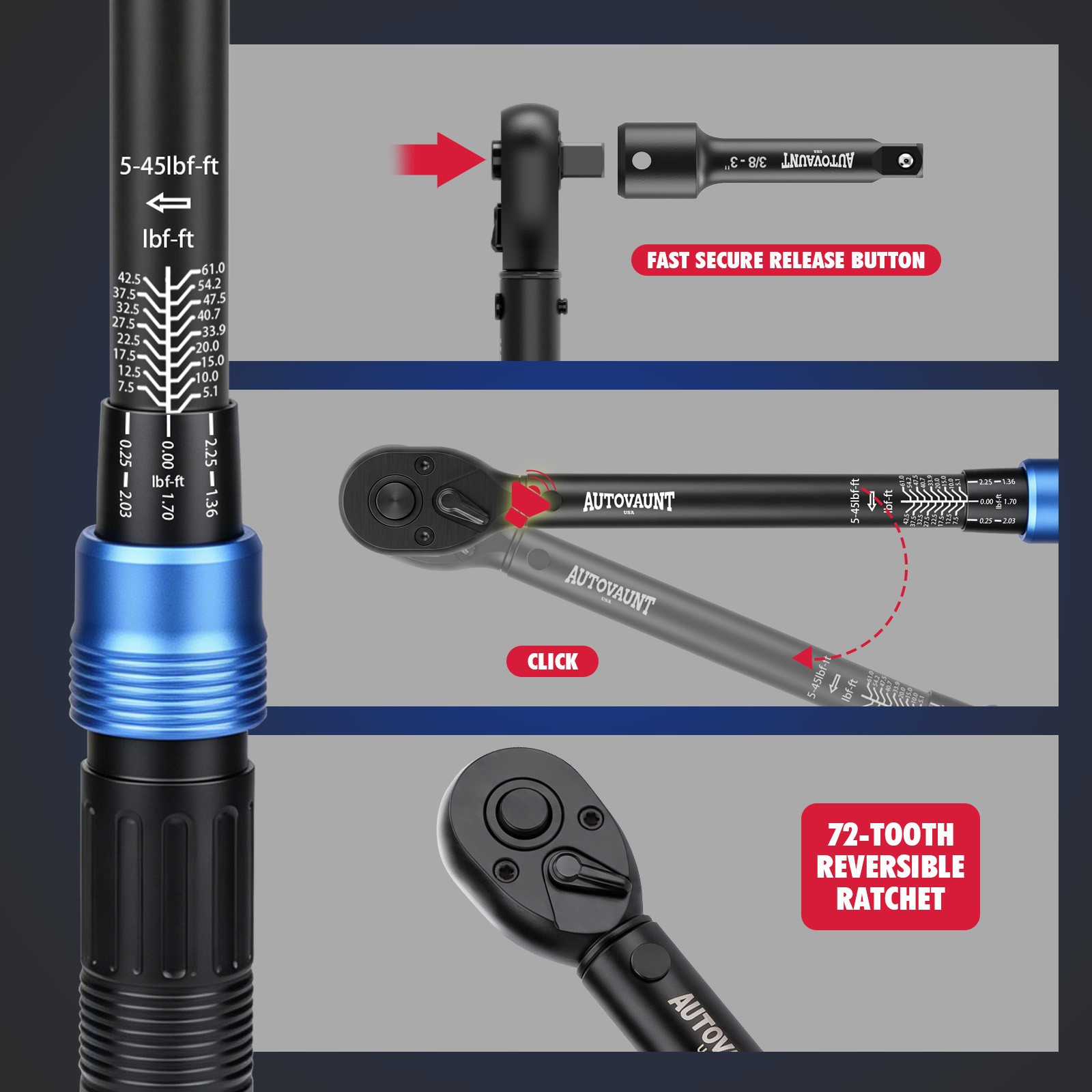 3/8″ Drive Click Torque Wrench Snap Socket Ratcheting 10~80 FT-LB/13.6~108.5N-M