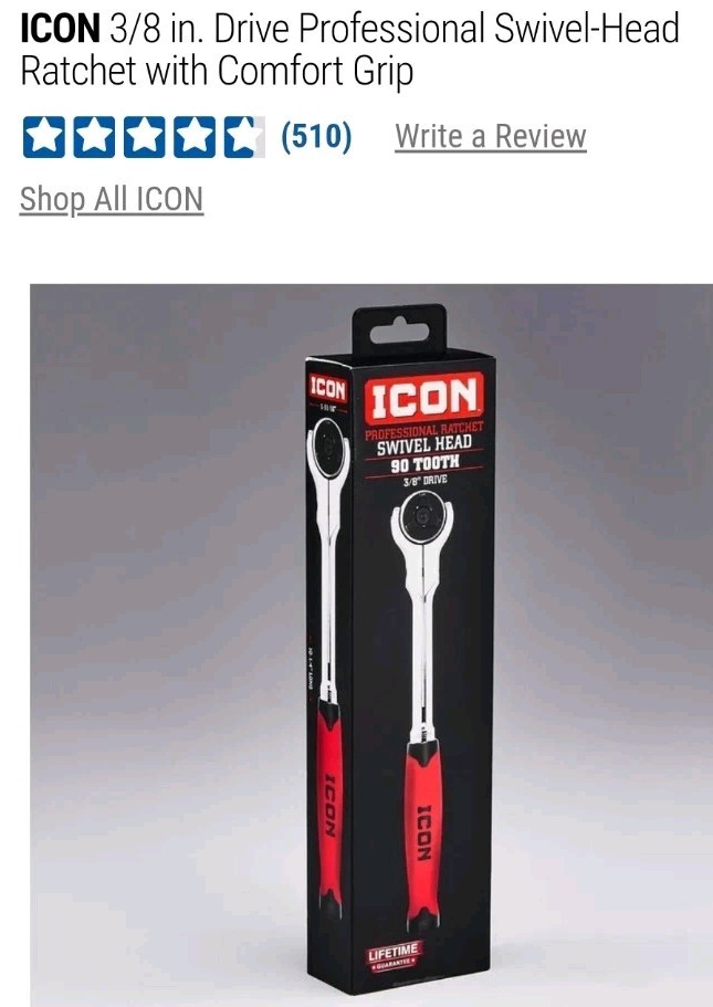 ICON R2SW 3/8″ Drive Professional Swivel-Head Ratchet w/ Comfort Grip 64698 NEW