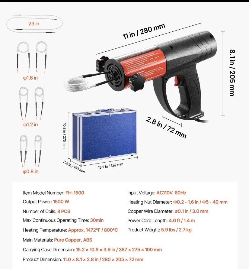 VEVOR Induction Heater Bolt Removal Magnetic Kit Rusty Screw Removing 1500W 110V