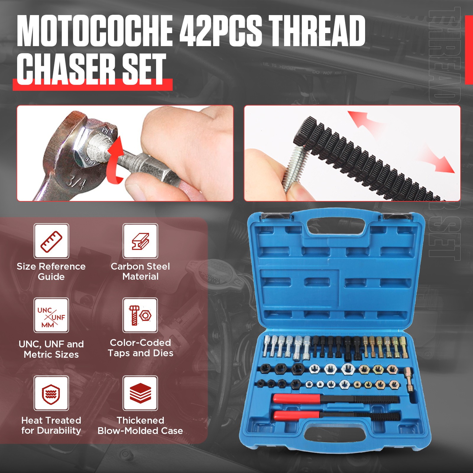 42 Pieces Thread Repair Chaser Tool Kit UNC UNF Metric Rethread Restore Set