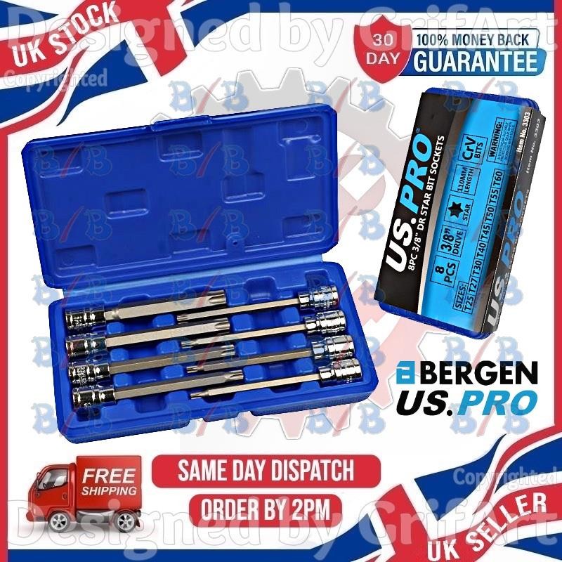 USPRO 8PC LONG TORX SOCKET BIT SET 3/8″ DRIVE T25 T27 T30 T40 T45 T50 T55 T60