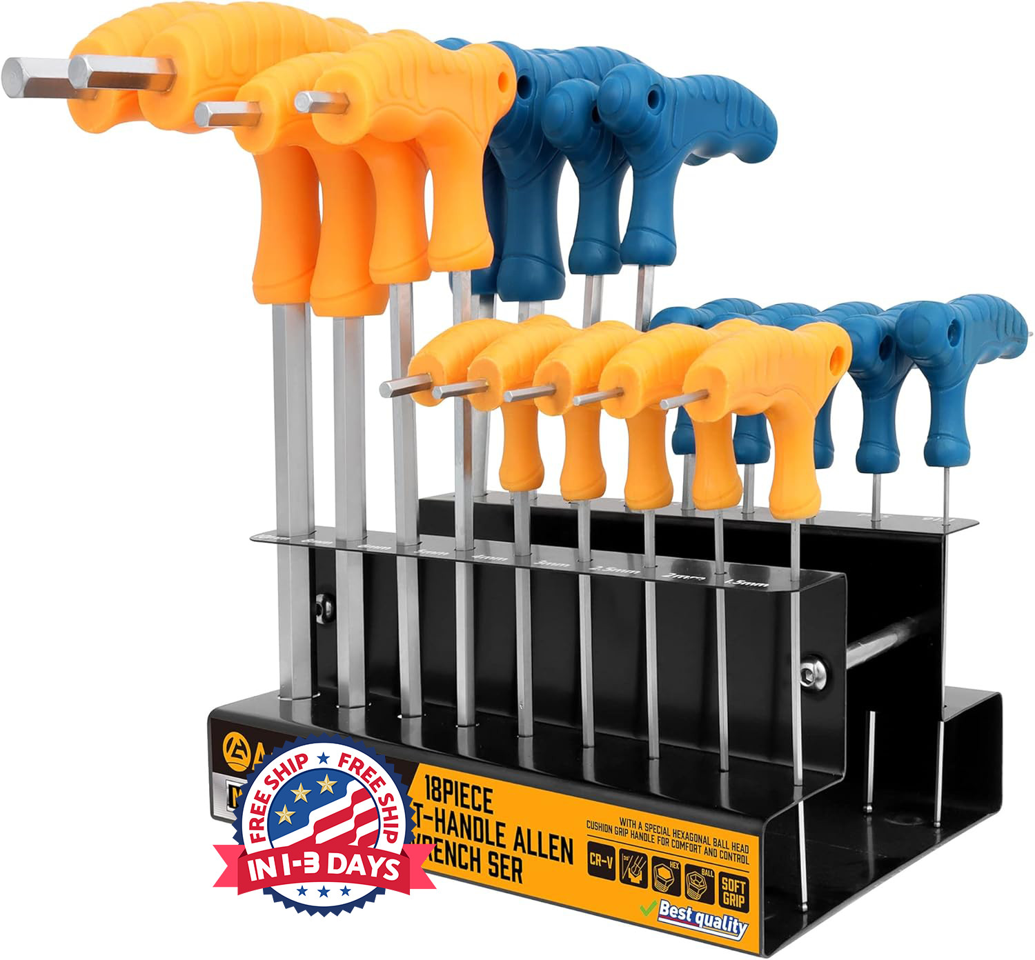 Juego de 18 llaves Allen con mango en T, métricas 1,5 mm-10 mm y SAE 1/16″-3/8″.