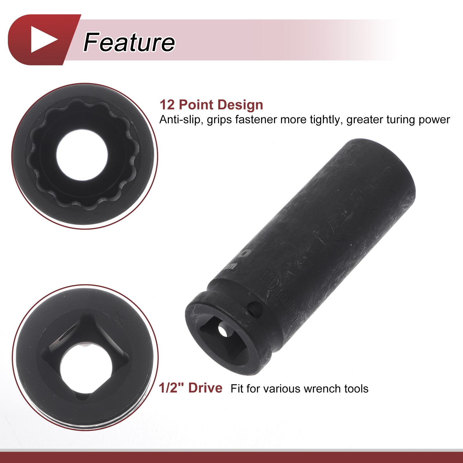 Universal 1/2 Inch Drive Impact Socket 19mm 12 Point High Carbon Steel 1 Pcs