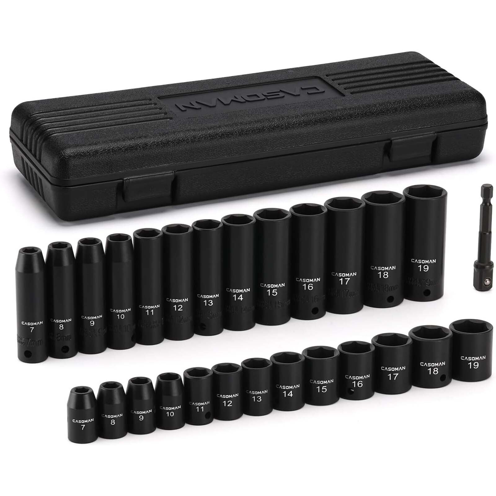 27 PCS 3/8″ Drive Impact Socket Set Deep&Shallow Metric 7mm-19mm 6 Point CR-V