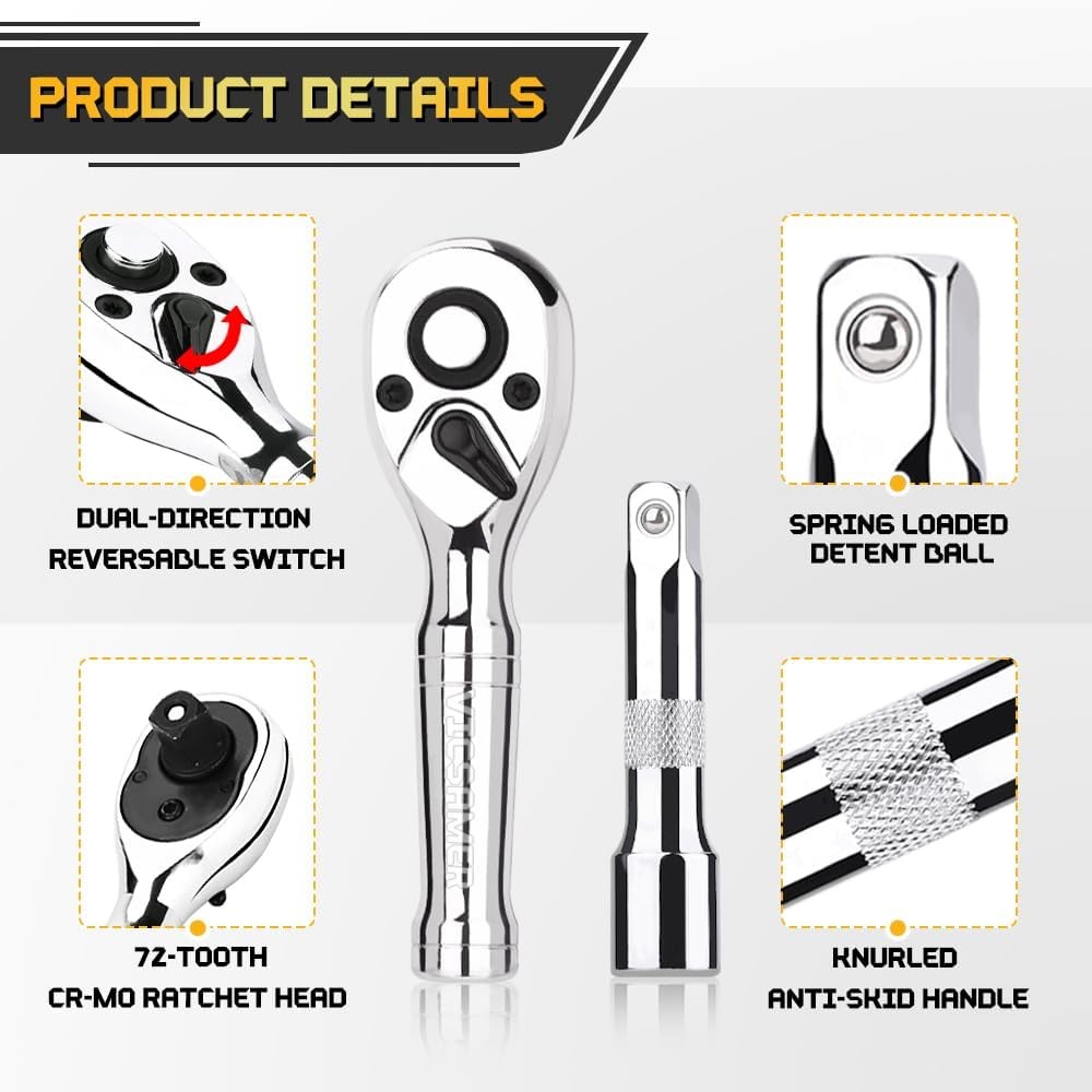 Stubby Ratchet Set- 3/8″ Drive Handle with a Extension Bars, Silver