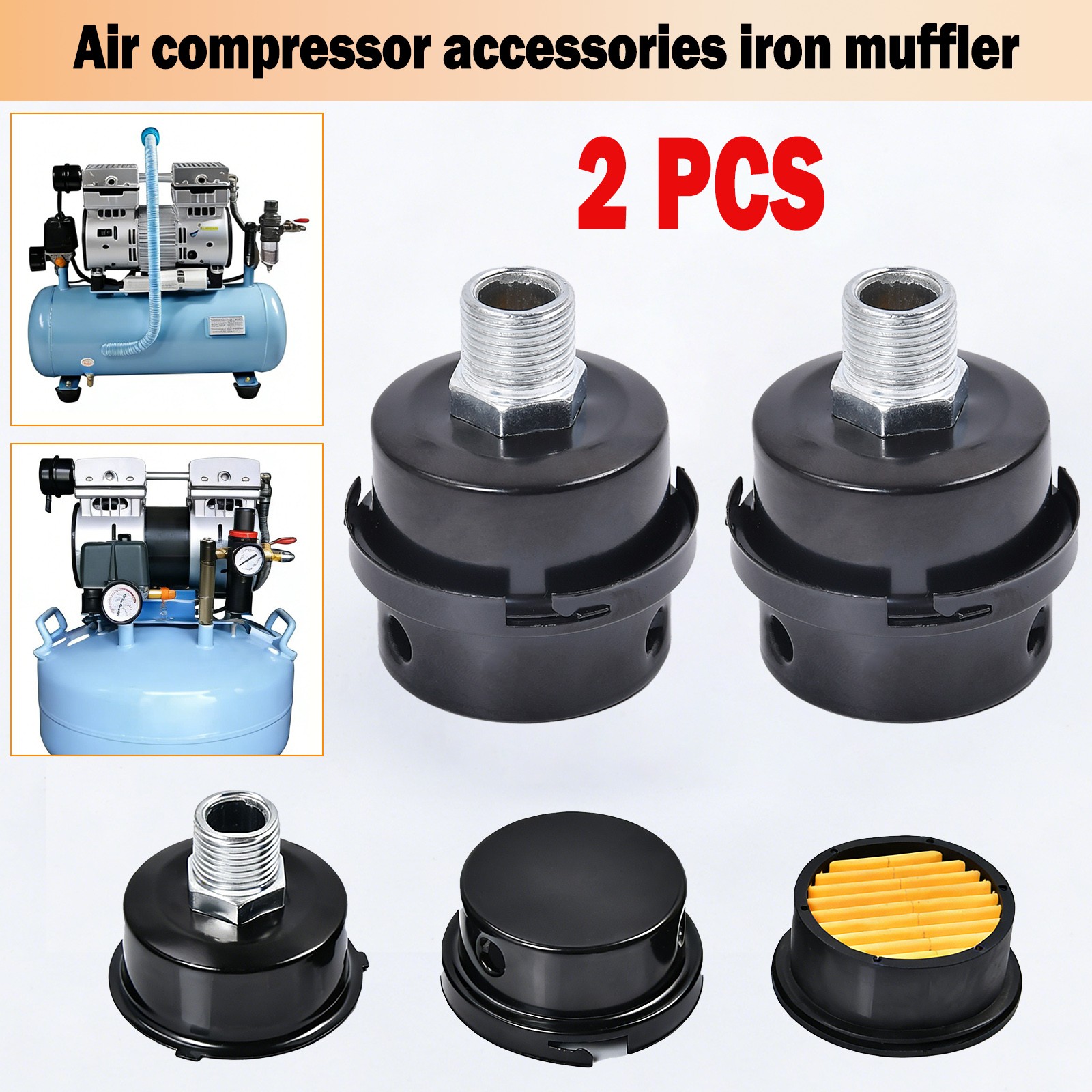 2 Pack 1/2″ NPT Air Compressor Silencer Filter 20mm Metal Noise Muffler Intake