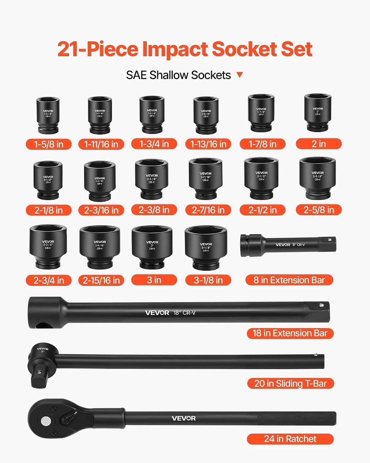 High-Torque 21-Piece Impact Socket Set with Extension Bars