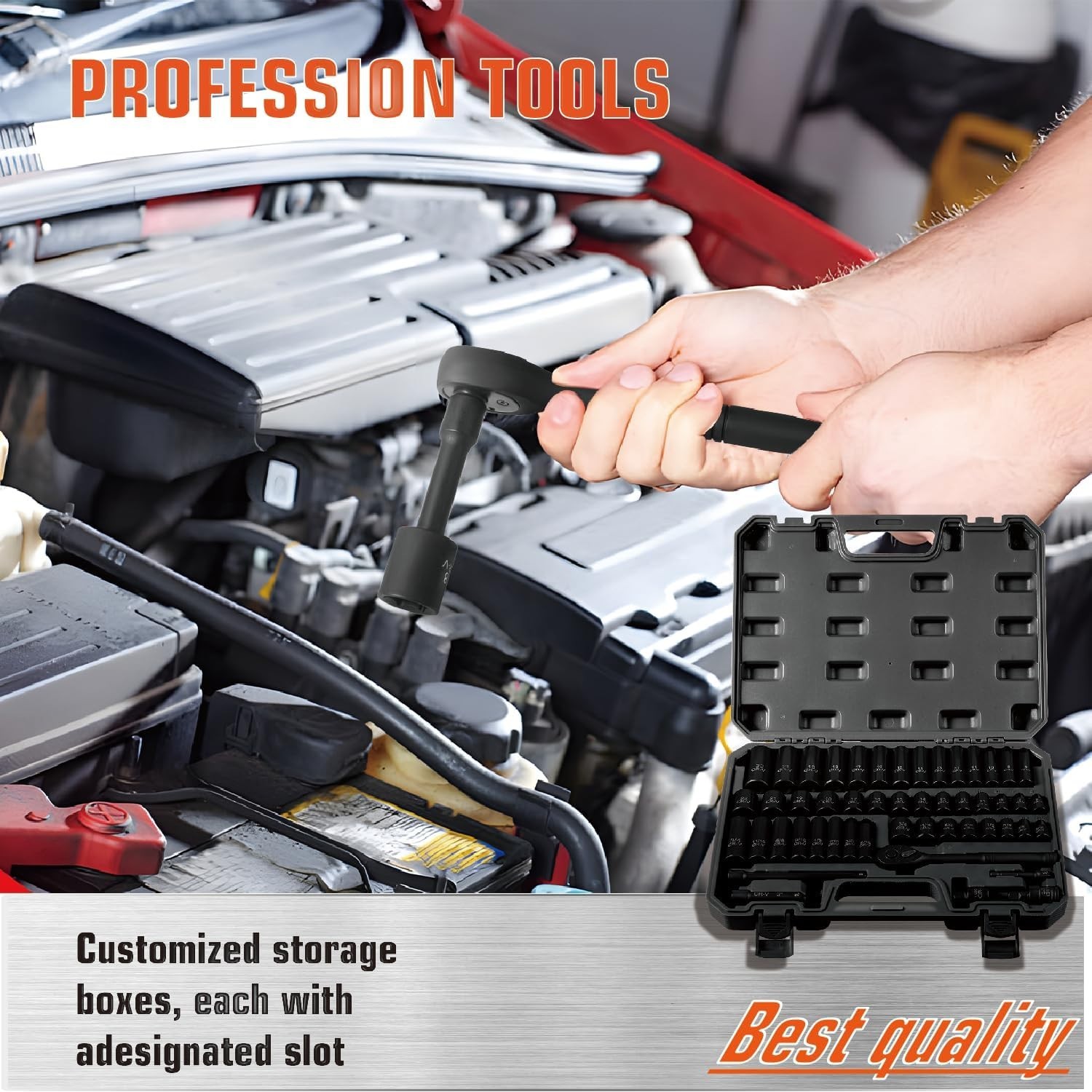 50PC 3/8″ Drive Impact Socket Set SAE Metric Deep Shallow with Ratchet Tools
