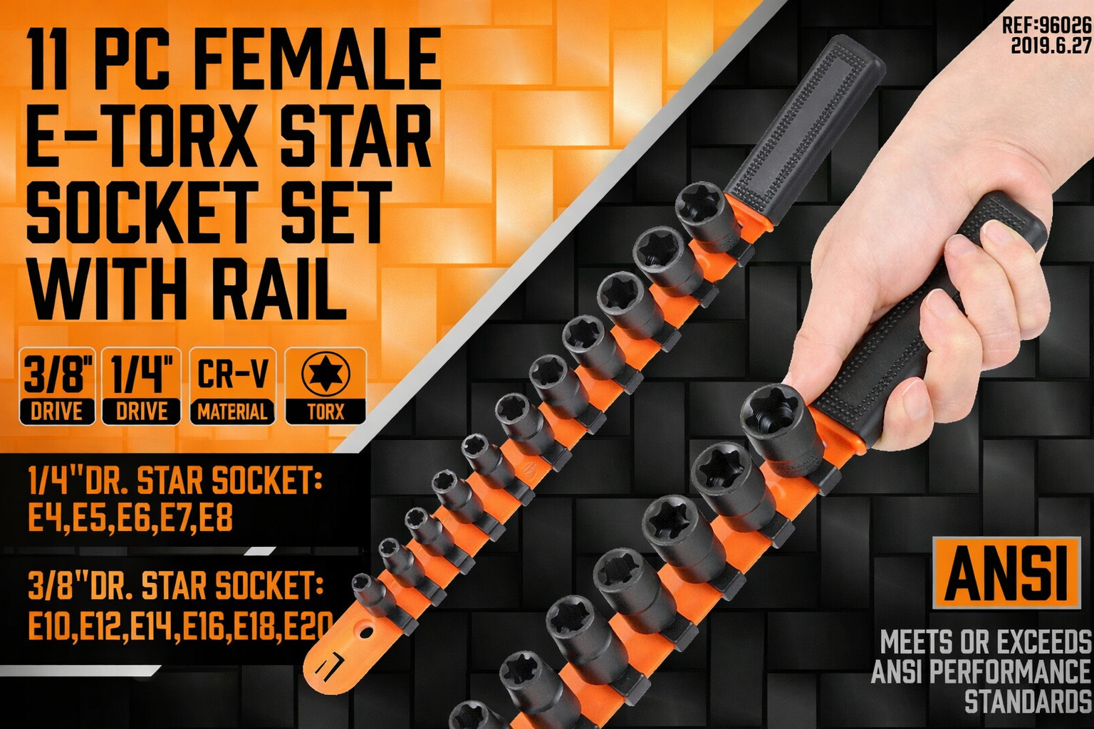 11PC Female E-TORX Star Socket Set External E4-E20 Torque 3/8″ 1/4″ Dr. & Rail