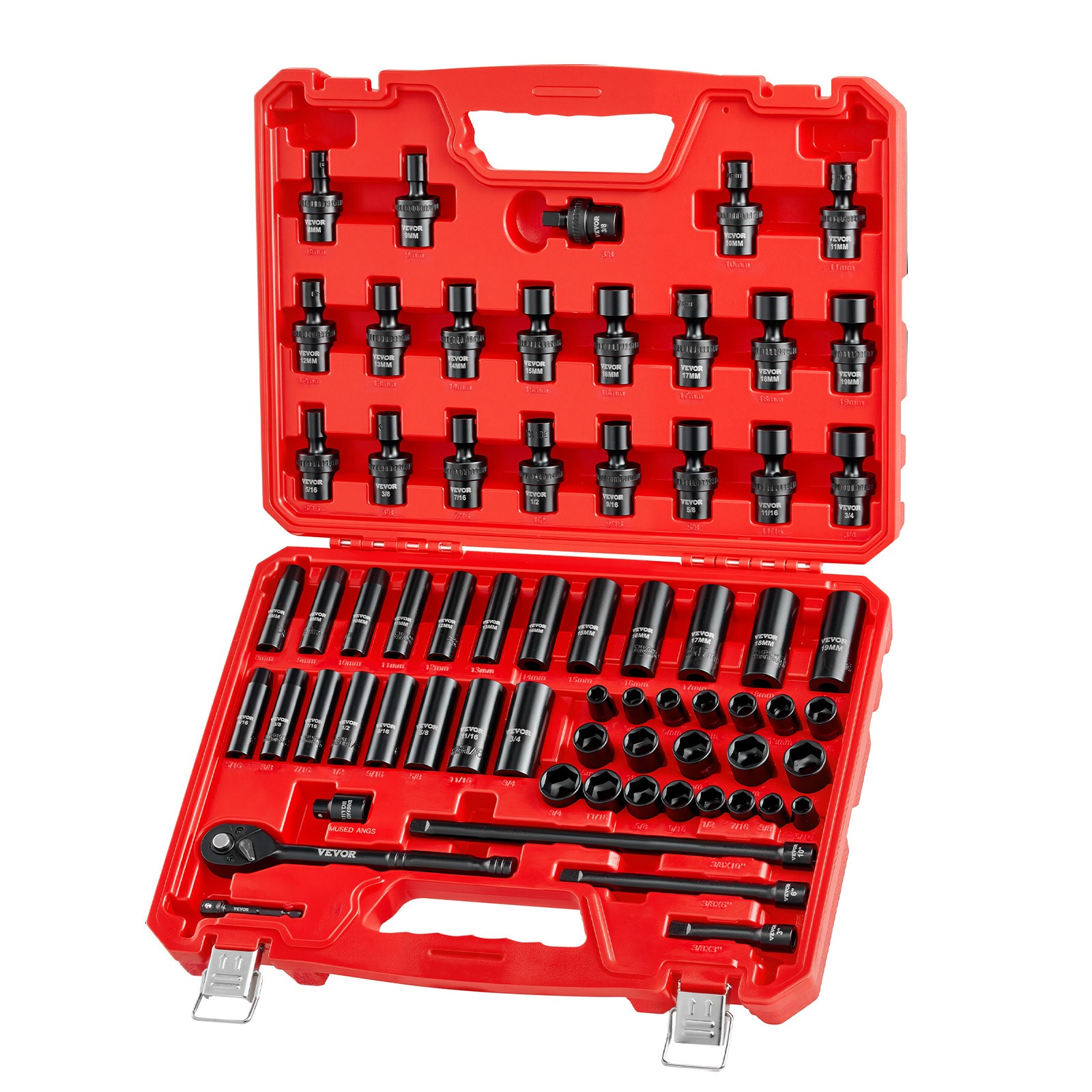 VEVOR 3/8 in Drive Impact Socket Set 67 Piece SAE 5/16 to 3/4 in Metric 8-19 mm