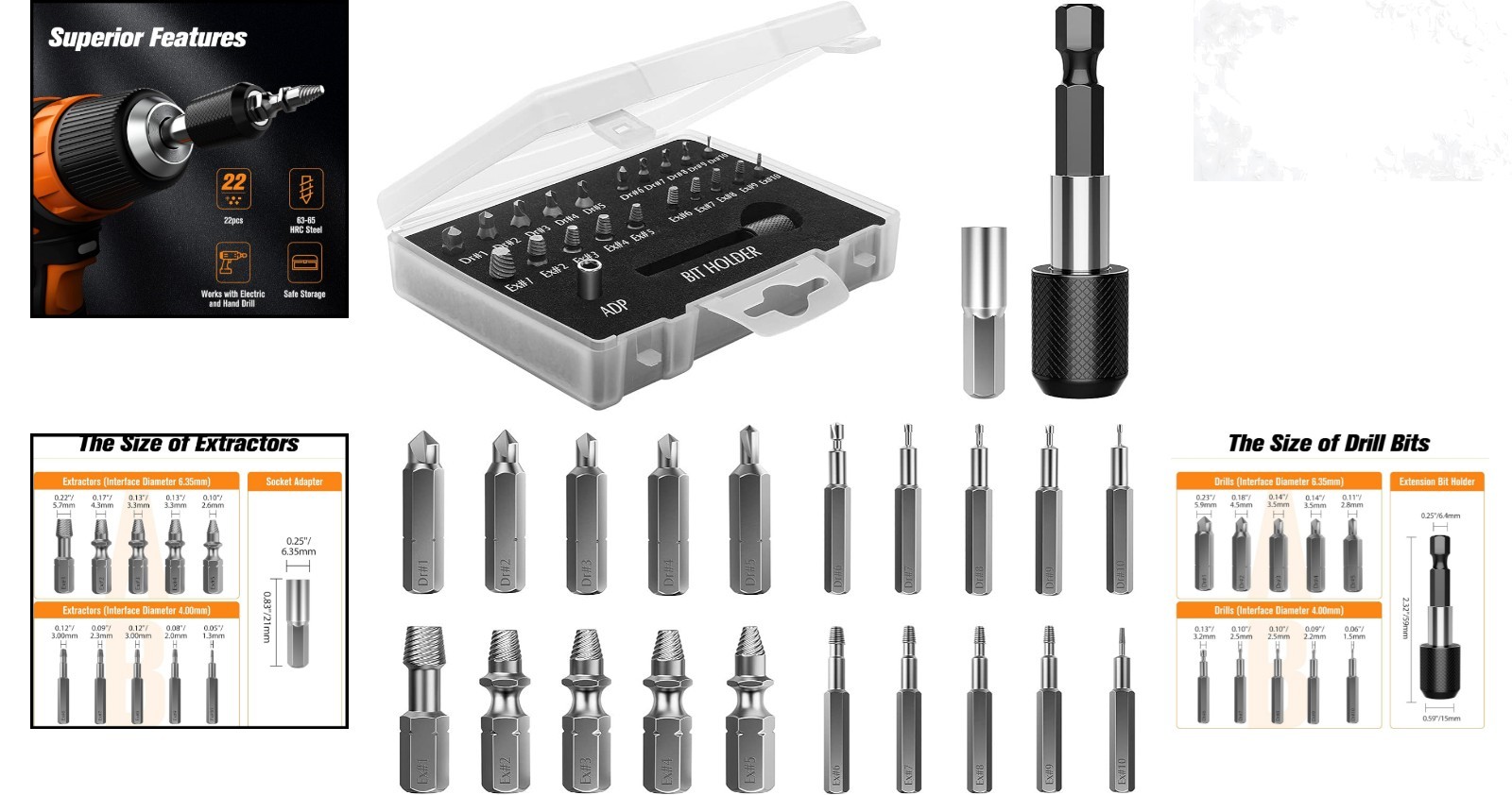 Damaged Screw Extractor Set 22 pcs High Speed Steel Broken Screw Remover Kit