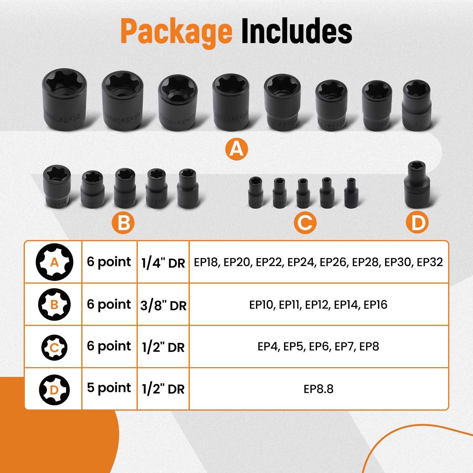 Professional EP Socket Set Chrome Vanadium for Ford Truck Bed Bolt Removal Tool