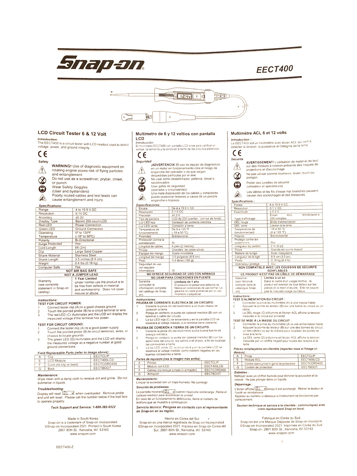 Snap On Tools NEW CLEAR 6 And 12 Volt DC Digital Display Circuit Tester EECT400