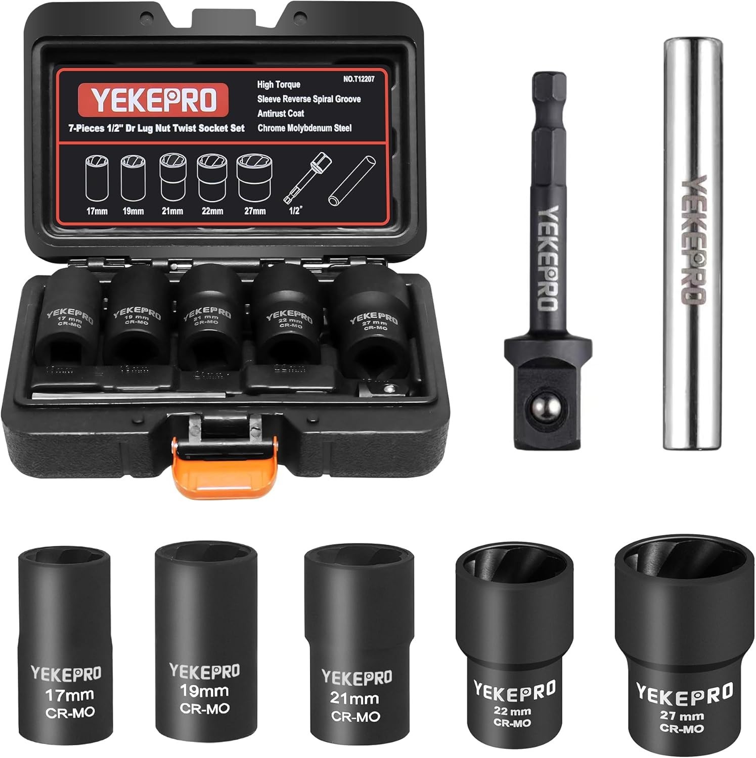 7-Piece Lug Nut Removal Tool Set – 1/2″ Drive Chrome Molybdenum Steel