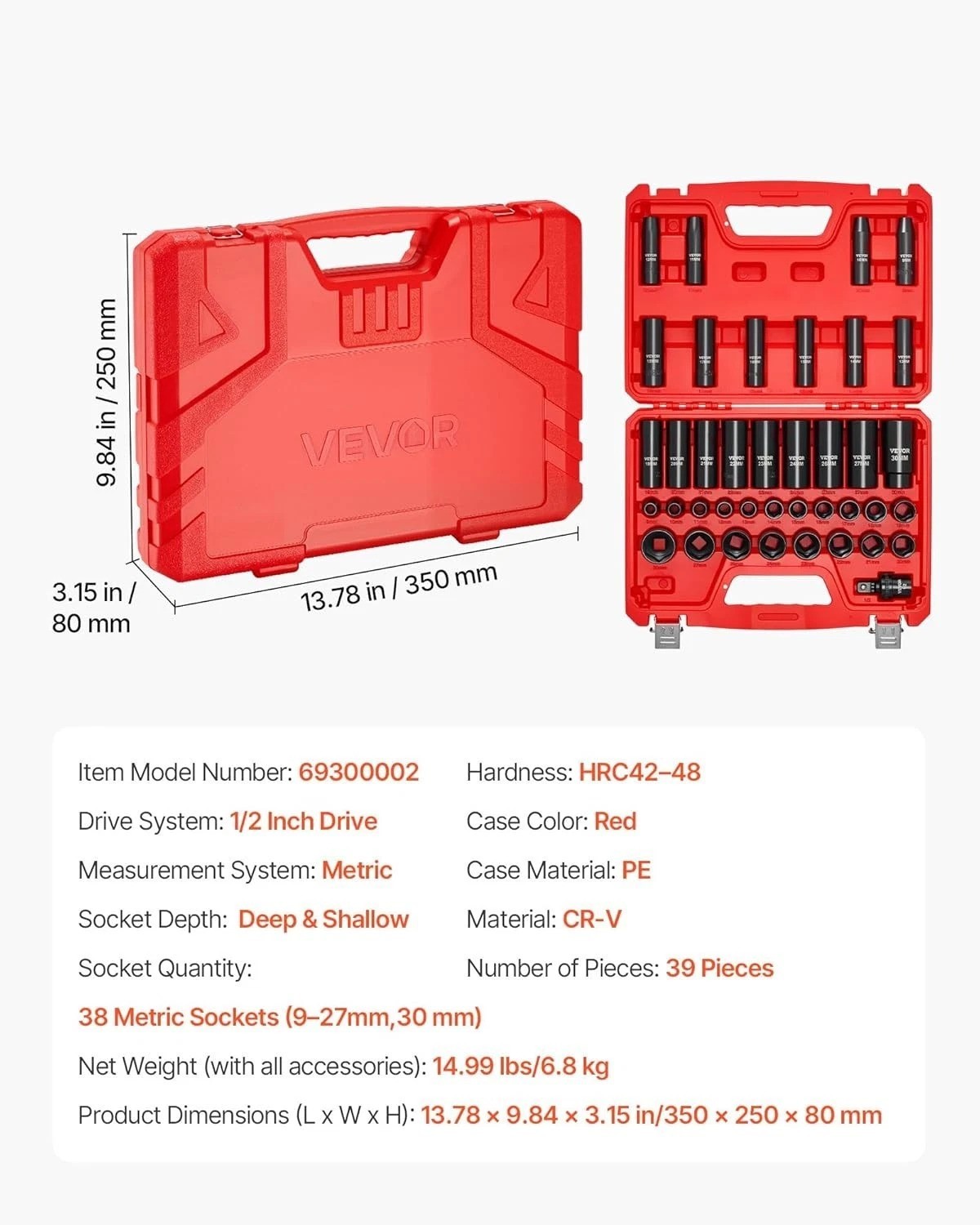 39-Piece Impact Socket Set 1/2″ Drive – Chrome Vanadium, Deep & Shallow Sockets