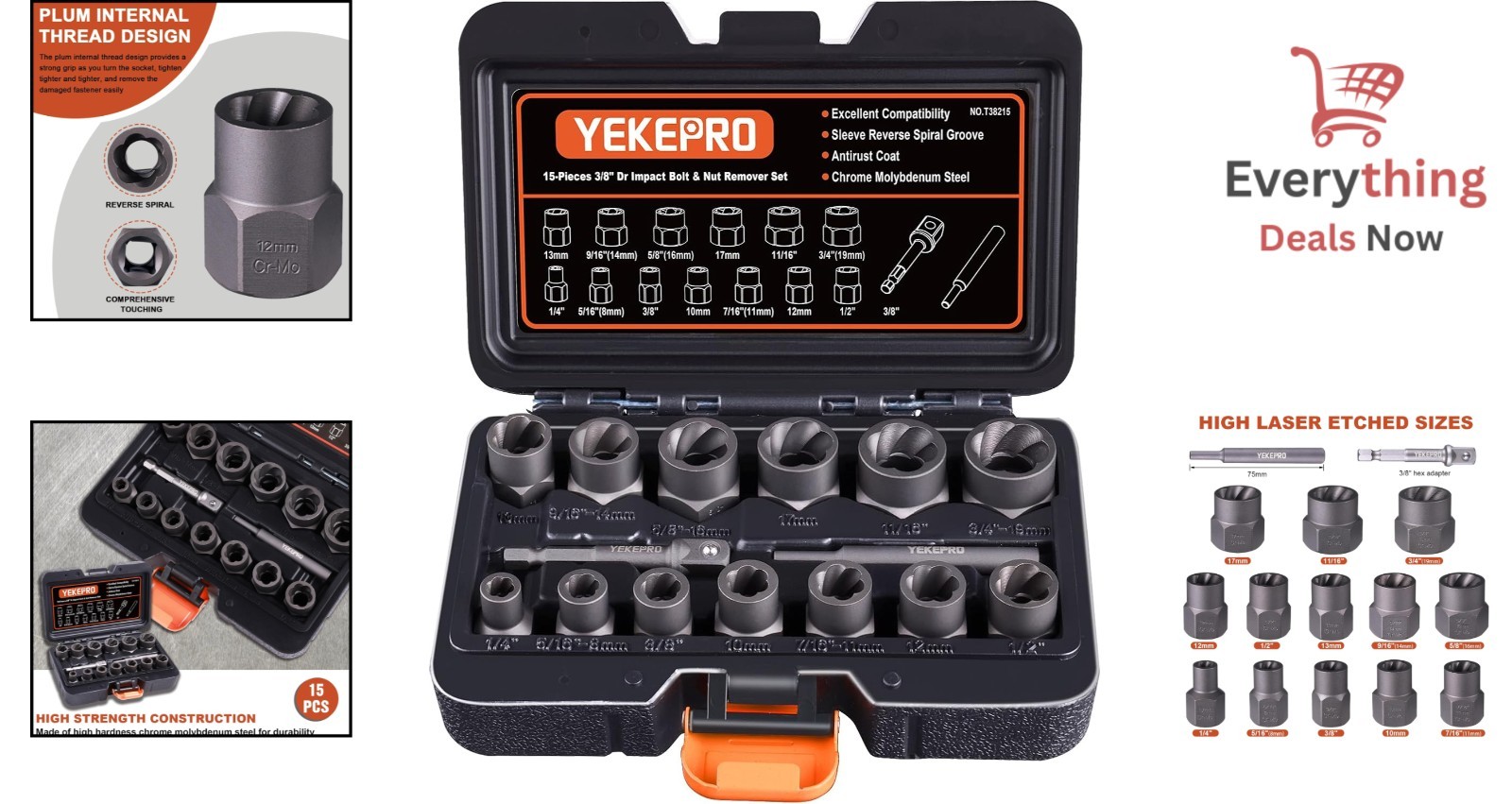 15-Piece Bolt Extractor Set Impact Socket Remover for Damaged, Rusted Bolts &…