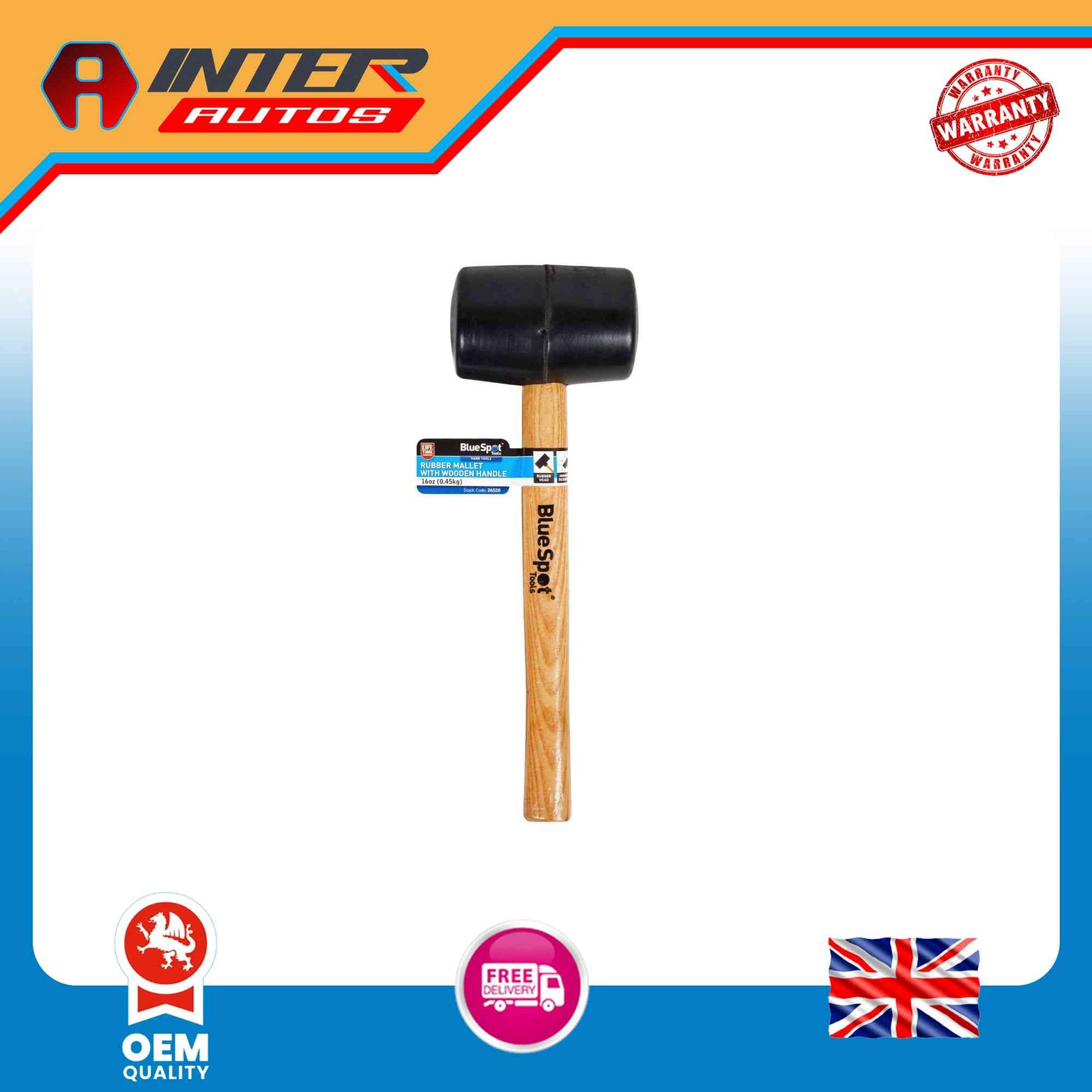 Blue Spot Tools 16oz (0.45kg) Black Rubber Mallet with Wooden Handle