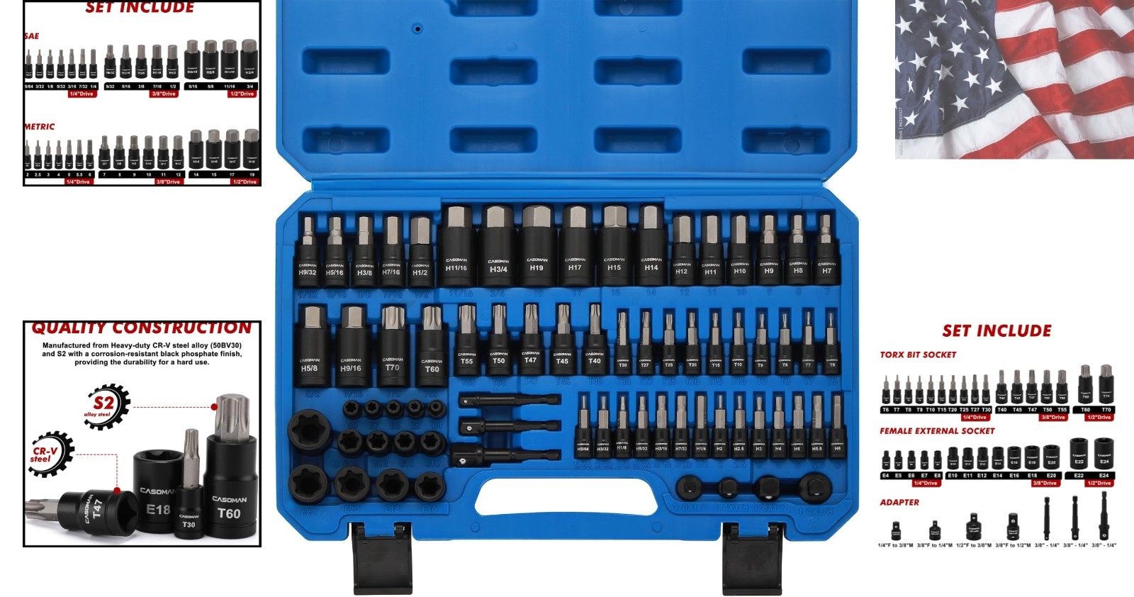 71-Piece Master Hex & Torx Bit Socket Set, 1/4″ & 3/8″ & 1/2″ Drive, Metric/S…