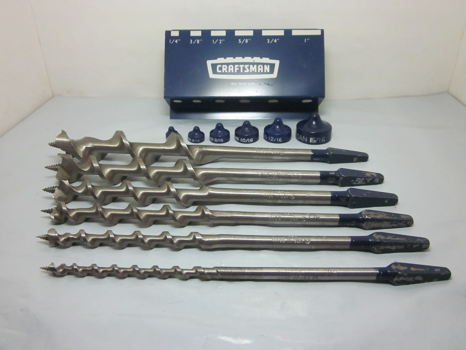 Vtg Craftsman Set Of 6 Auger Drill Bits W/Metal Wall Mount 1/4″ to 1″ USA