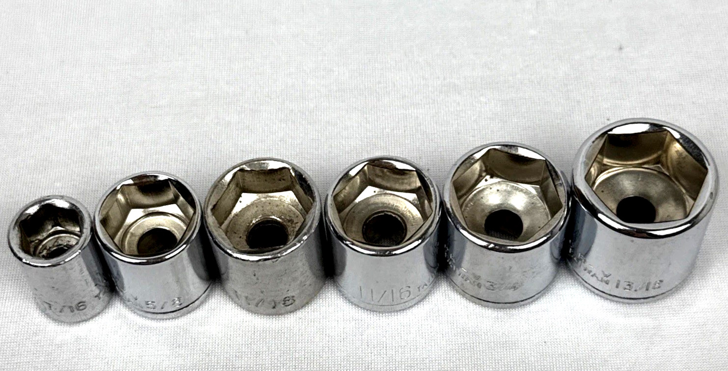 Vintage Chrome Vanadium 3/8”Drive 6 Point SAE Standard Sockets Lot Of 6