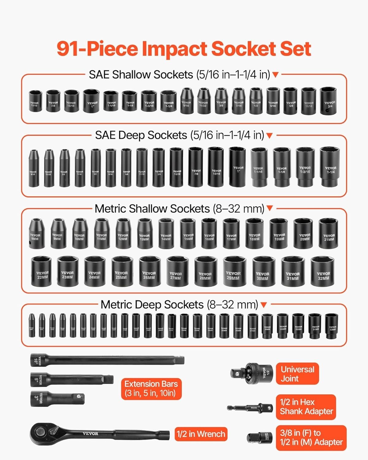 91-Piece 1/2″ Drive Impact Socket Set
