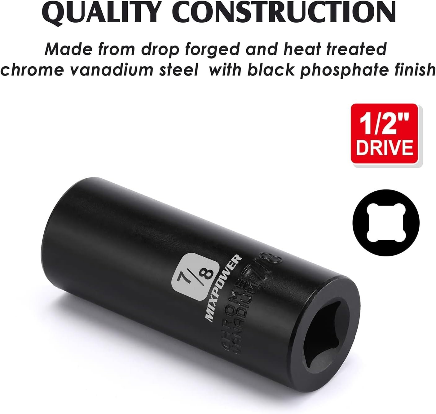 1/2 Inch Drive 6 Point Impact Socket – 7/8 Inch Size, Laser Etched for Easy Use