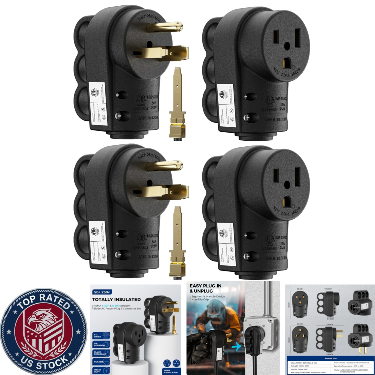 Ergonomic NEMA 6-50P Plug and 6-50R Socket Set – 250V, 30A/50A Power Connector