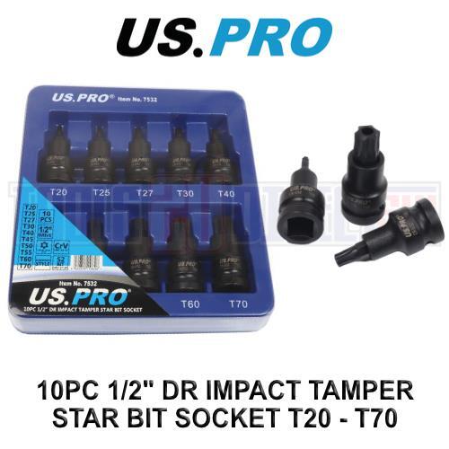 US PRO Tools 10pc 1/2″ DR Impact Tamper Star Torx Bit Socket Set T20 – T70 7532