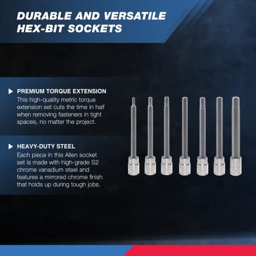7PCS 10072A 3/8-In Drive Extra Long Allen Hex Bit Socket Set, SAE, 1/8-In-3/8-In