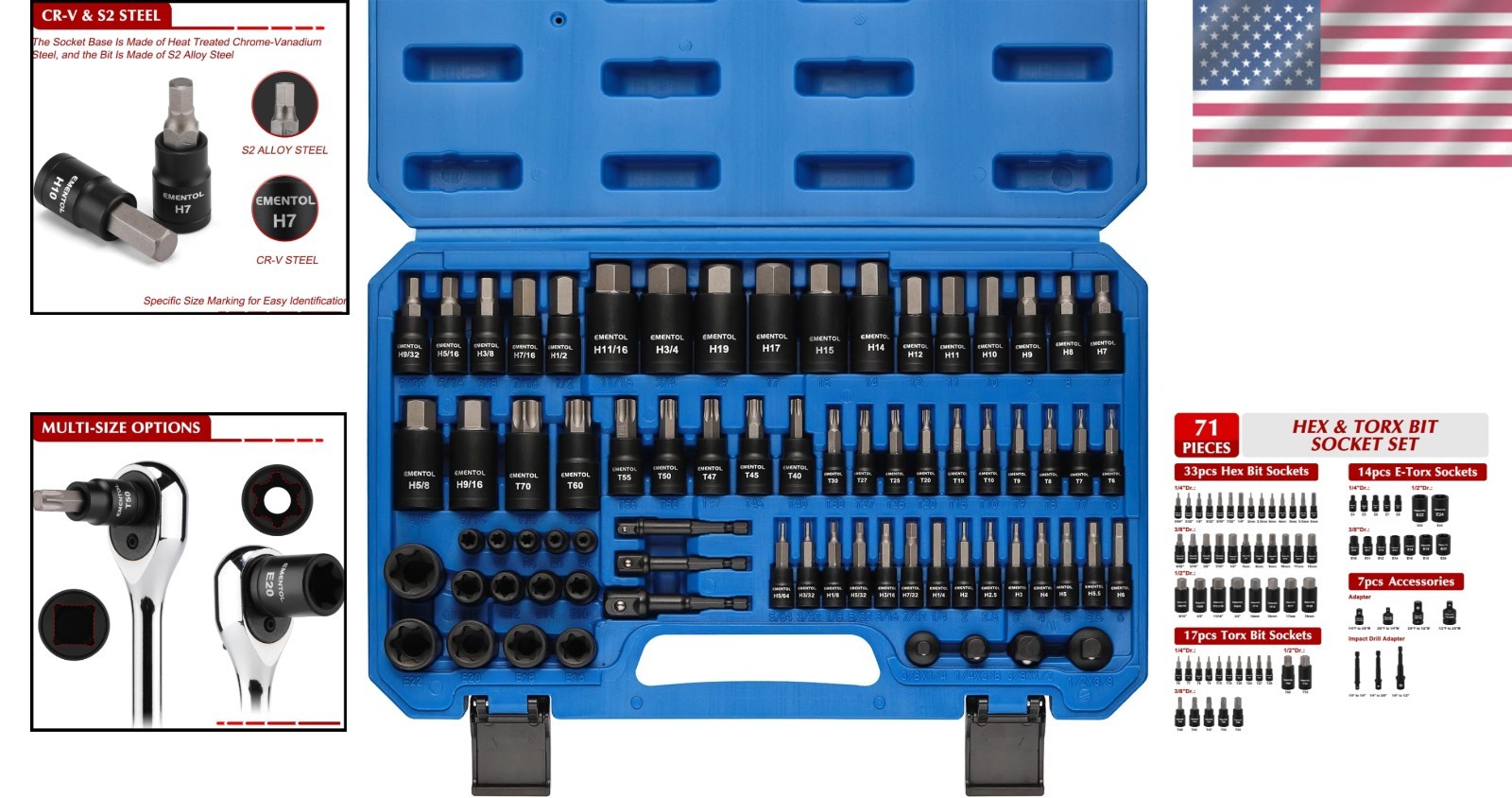 71-Piece Torx Bit & Hex Bit Socket Set, Master SAE/Metric Bits, 1/4″, 3/8″ an…