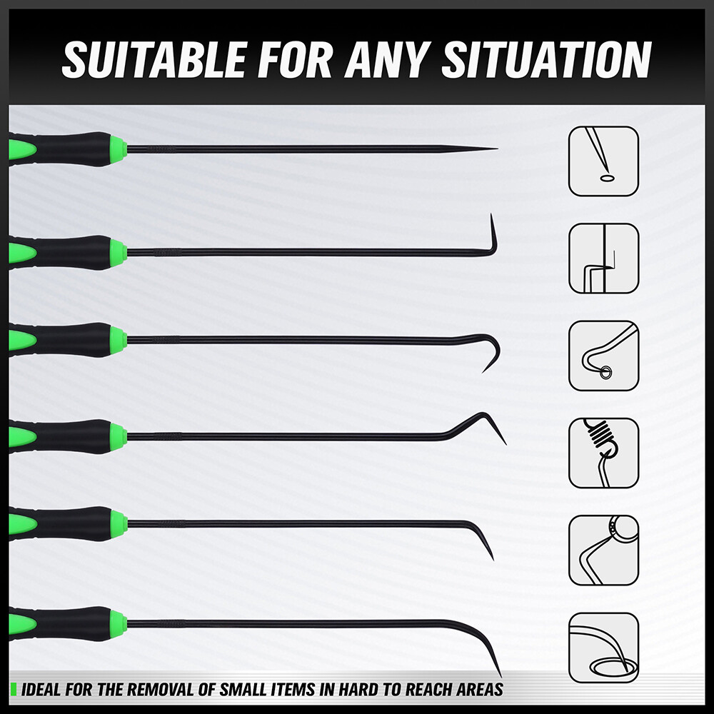 6pc Pick & Hook Set Extra Long O-Ring & Seal Remover Soft Grip Assorted Shapes