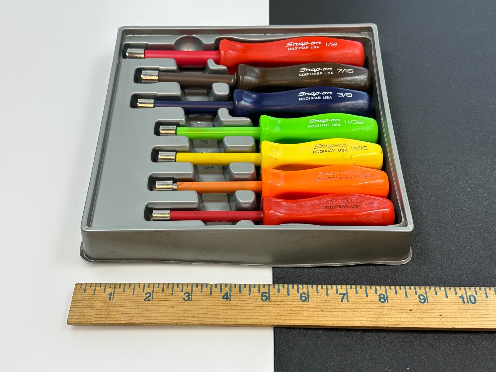 🇺🇸 Snap On Tools USA 7pc SAE 1/4″ to 1/2″ Nut Driver Set HARD Handle w/ Tray