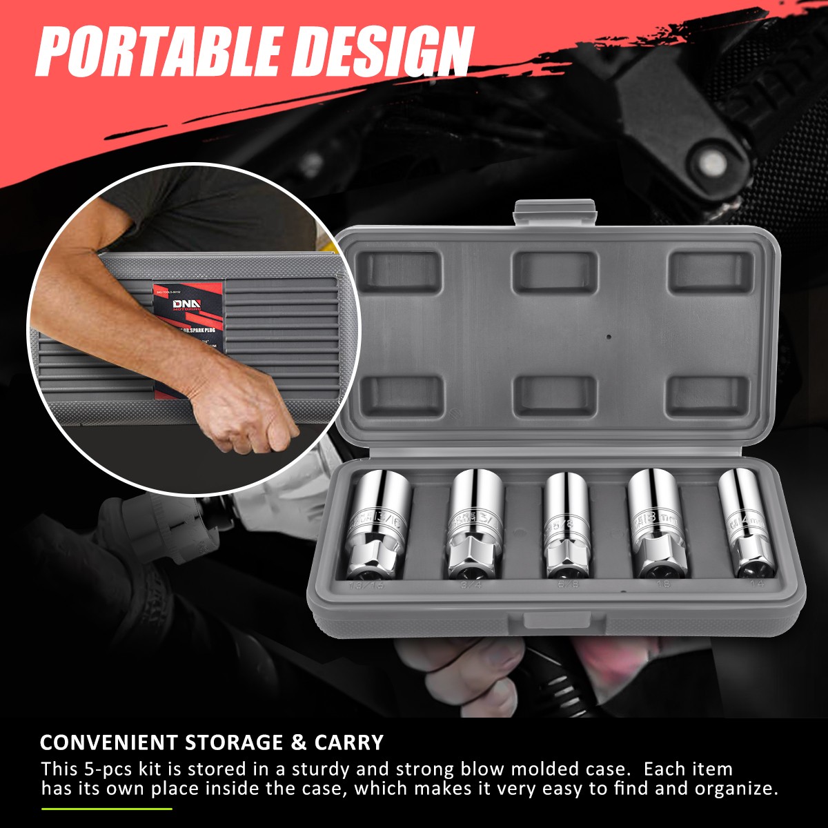 5Pcs 3/8-Inch Chrome Vanadium Steel Drive SAE & Metric Socket Set w/Storage Case