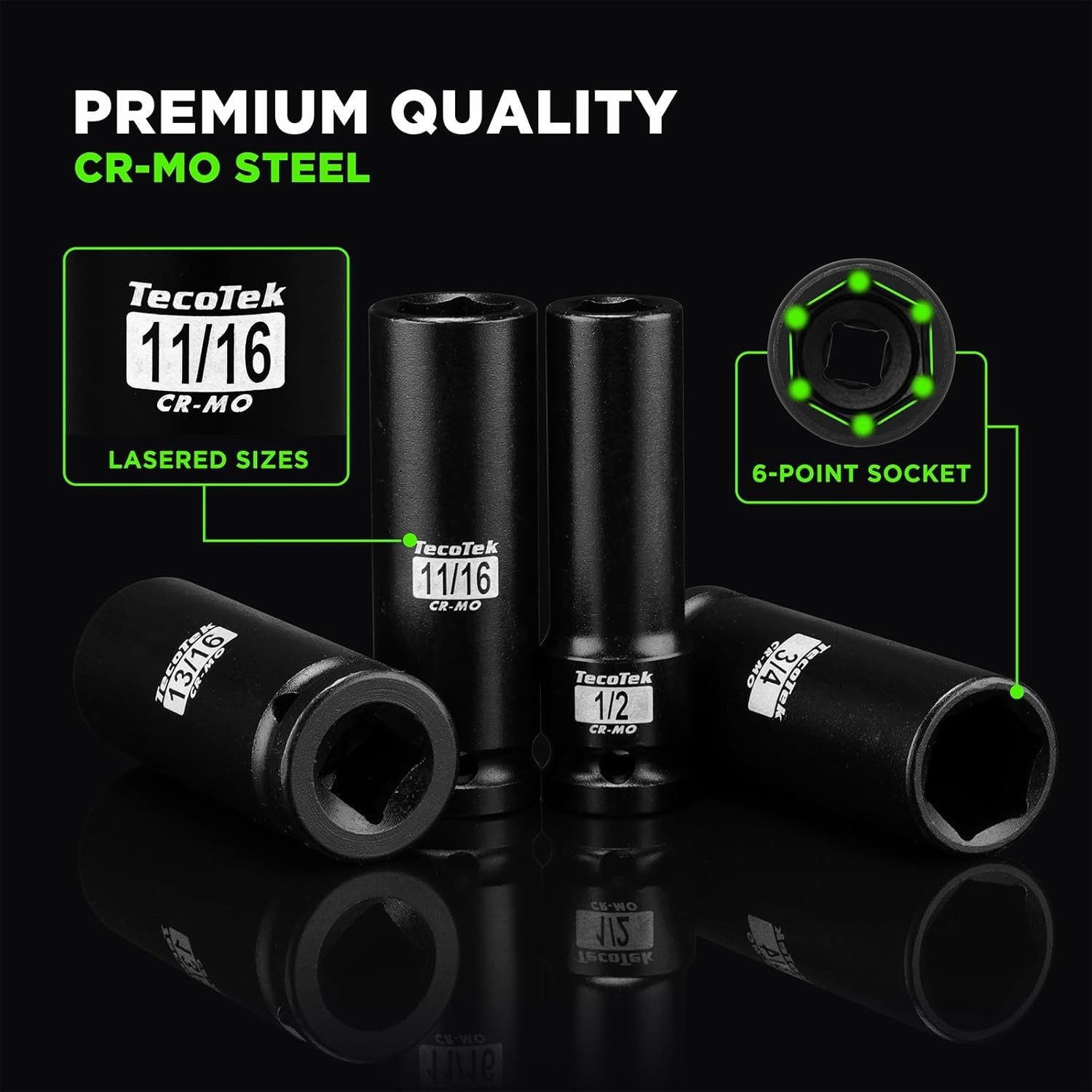 14PCS 1/2″ Deep Drive Impact Socket Set, 6-Point, SAE 3/8″ to 1-1/4″, CR-MO S…