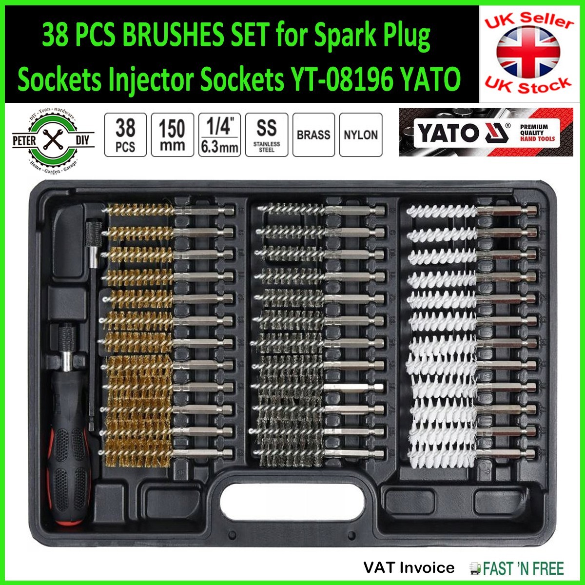 38 PCS BRUSHES SET for Spark Plug Sockets Injector Sockets YT-08196 YATO