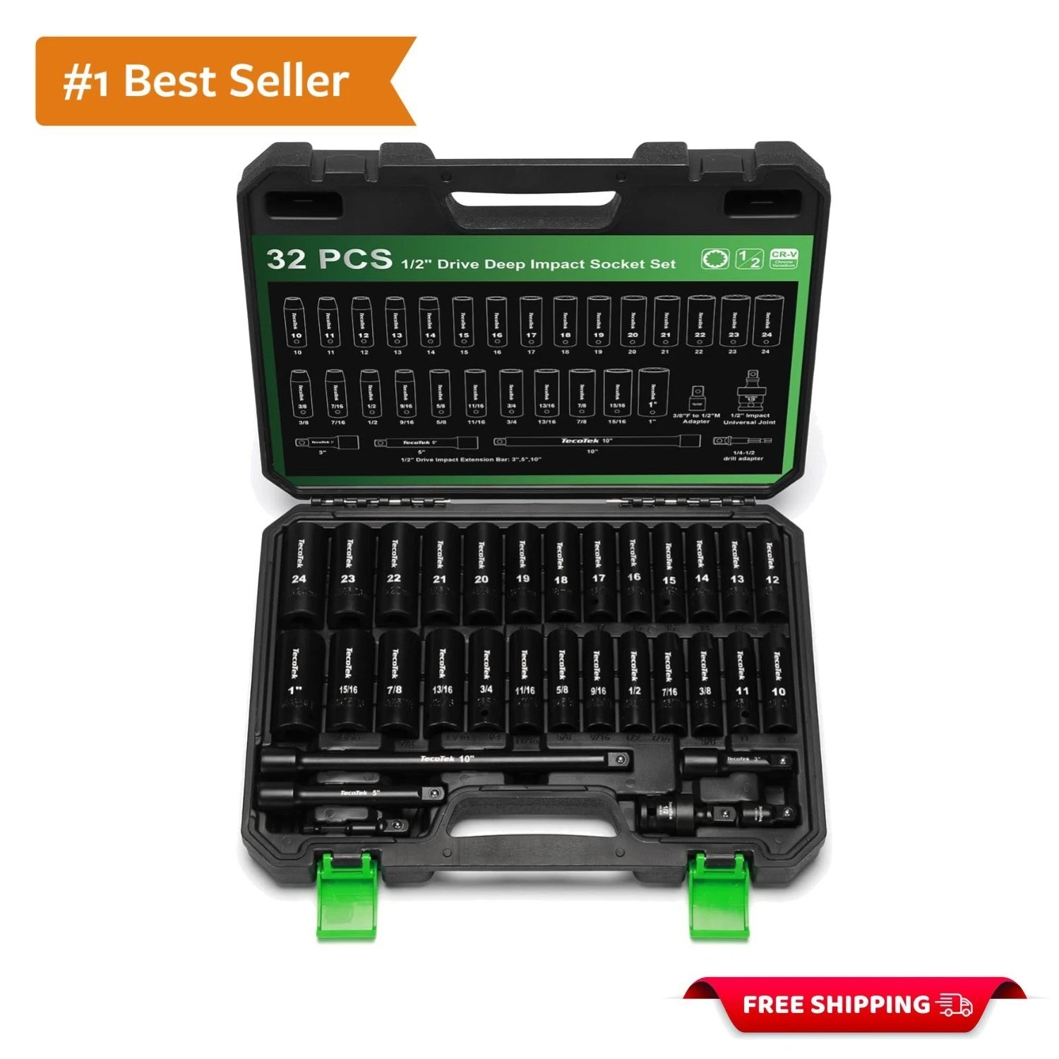 1/2″ Drive Deep 12-Point Impact Socket Set, 32-Piece Socket Set, SAE 3/8-1-In…