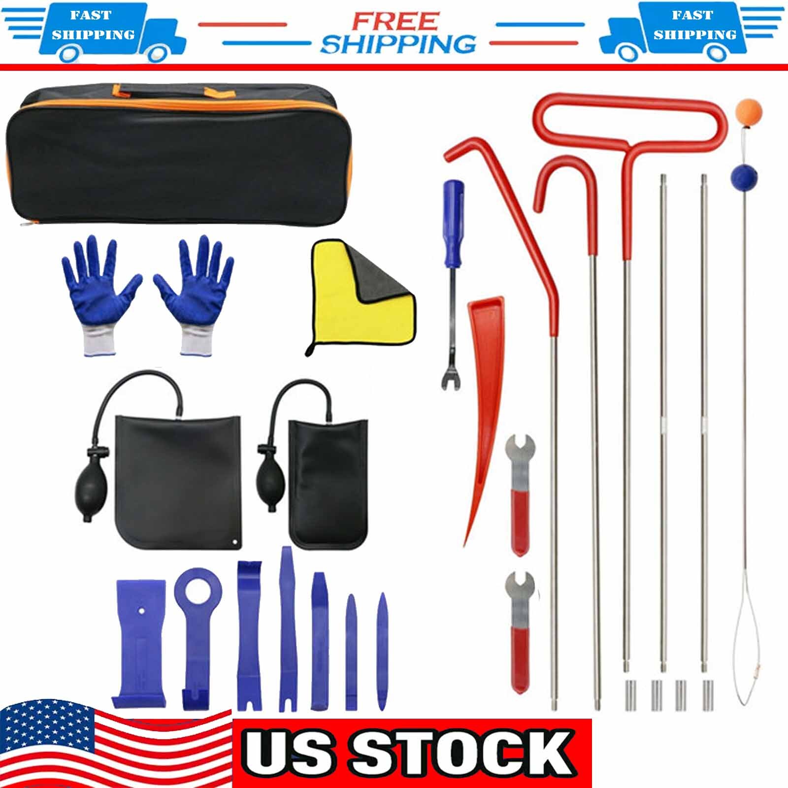27PCS Car Tool Kit with Hook & Air Pump Portable Case for Emergency Repairs USA