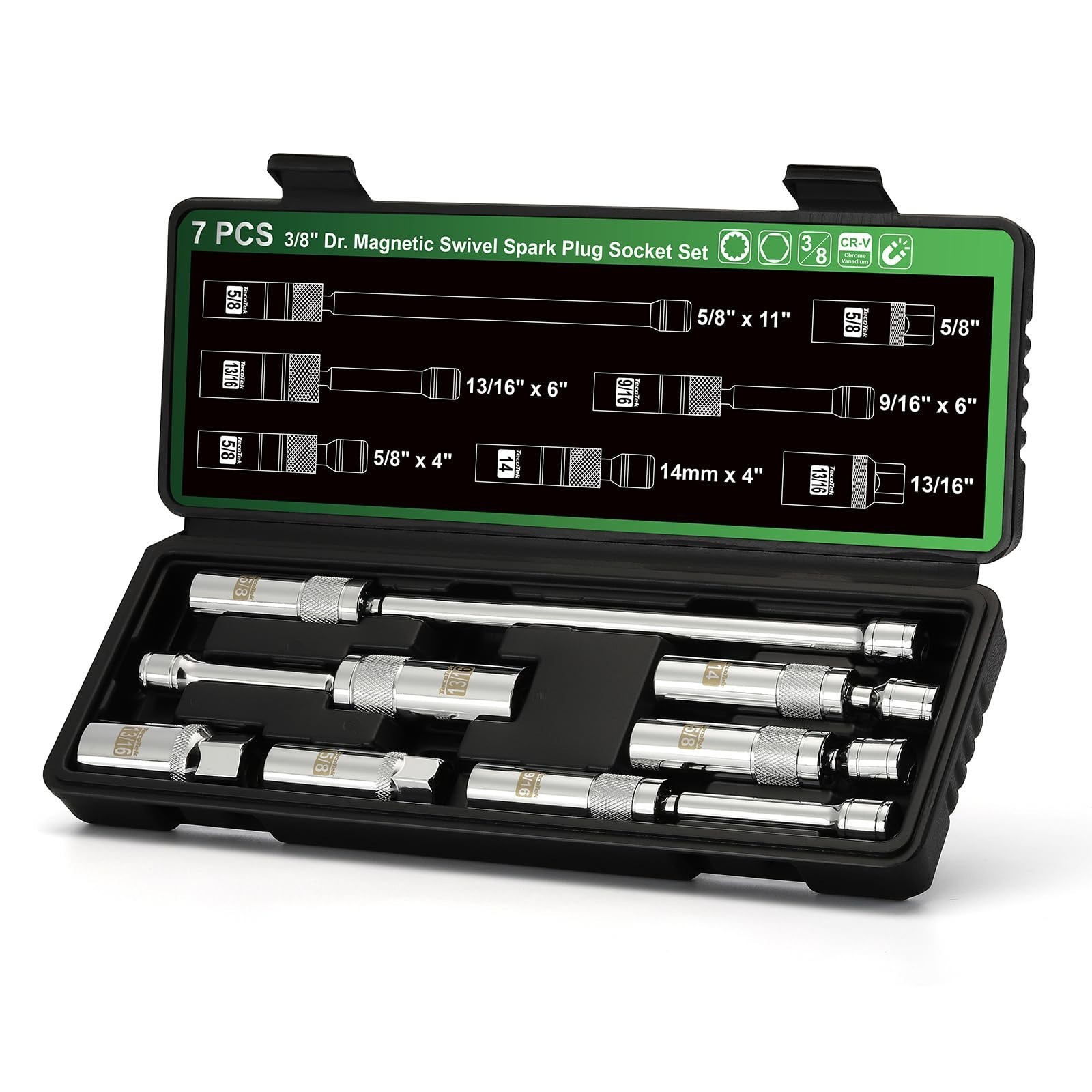 7-Piece Magnetic Swivel Spark Plug Socket Set – 3/8″ Drive, 6-Point & 12-Point,