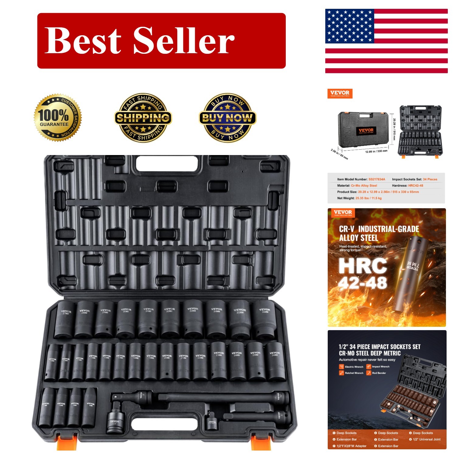 34-Piece 1/2″ Drive Impact Socket Set – Cr-MO Steel, Easy Size Markings