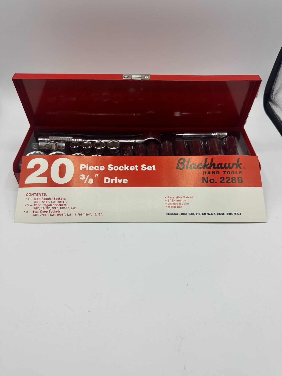 Vintage Brand New 20PC Blackhawk 3/8 Drive SAE Socket Set in Metal Case