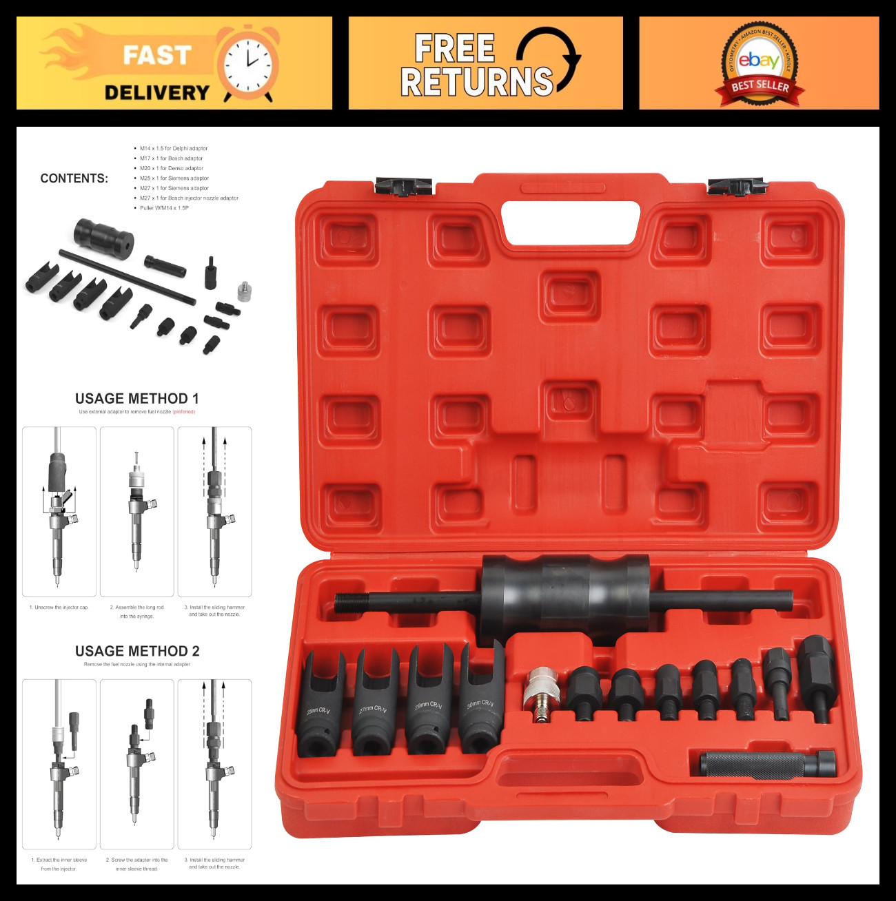 Diesel Injector Extractor Puller Kit with Common Rail Adaptor & Slide Hammer Too