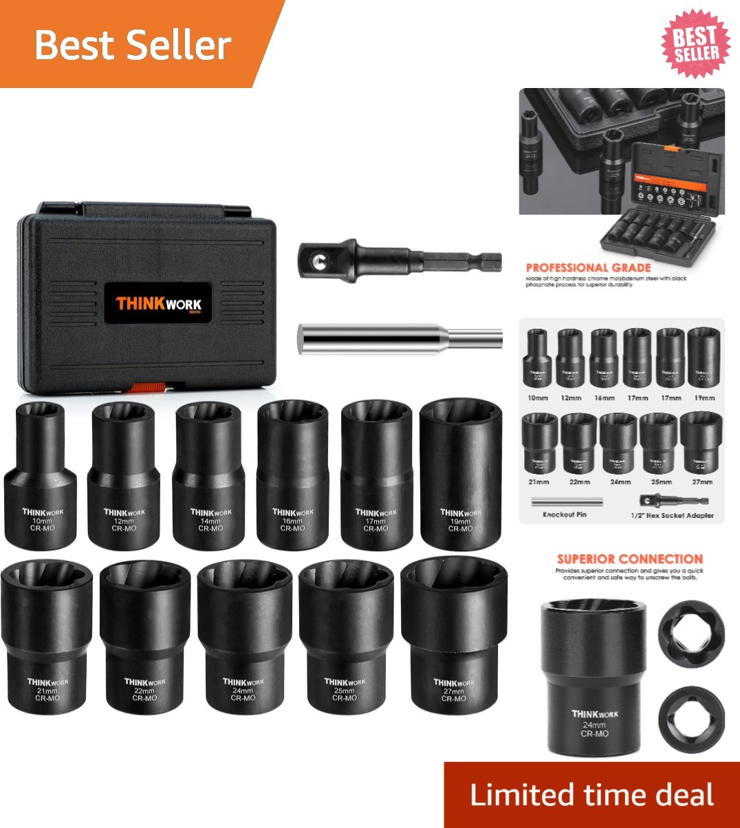 1/2 Inch Drive Lug Nut Extractor Kit for Stubborn Bolts – 13 Pieces