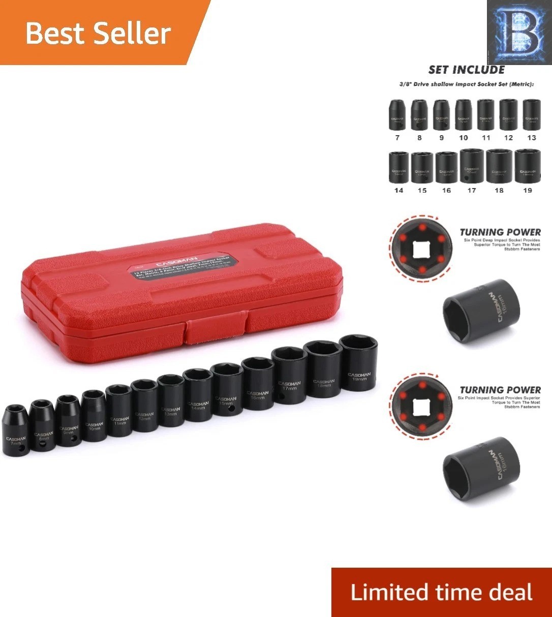 Heavy-Duty 13-Piece 3/8-Inch Drive Socket Set with Laser Etched Size Markings