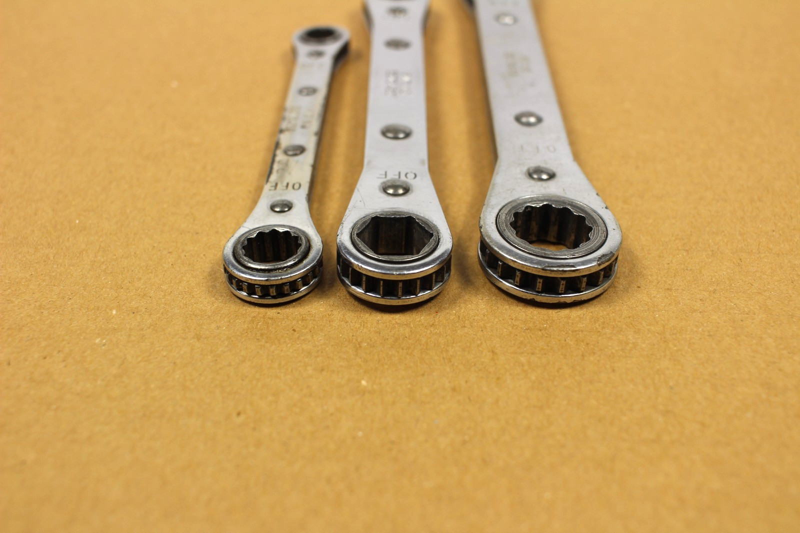 Snap-on 3/8″×7/16″-1/2”x9/16” -9/16”x5/8” 12pt Ratchet Wrench Lot Of 3 Pcs.
