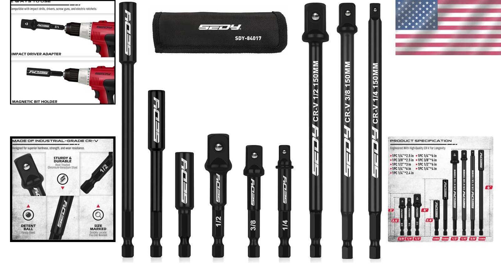 Universal 9-Piece Socket Adapter Set for Power Drills – Includes Magnetic Holder