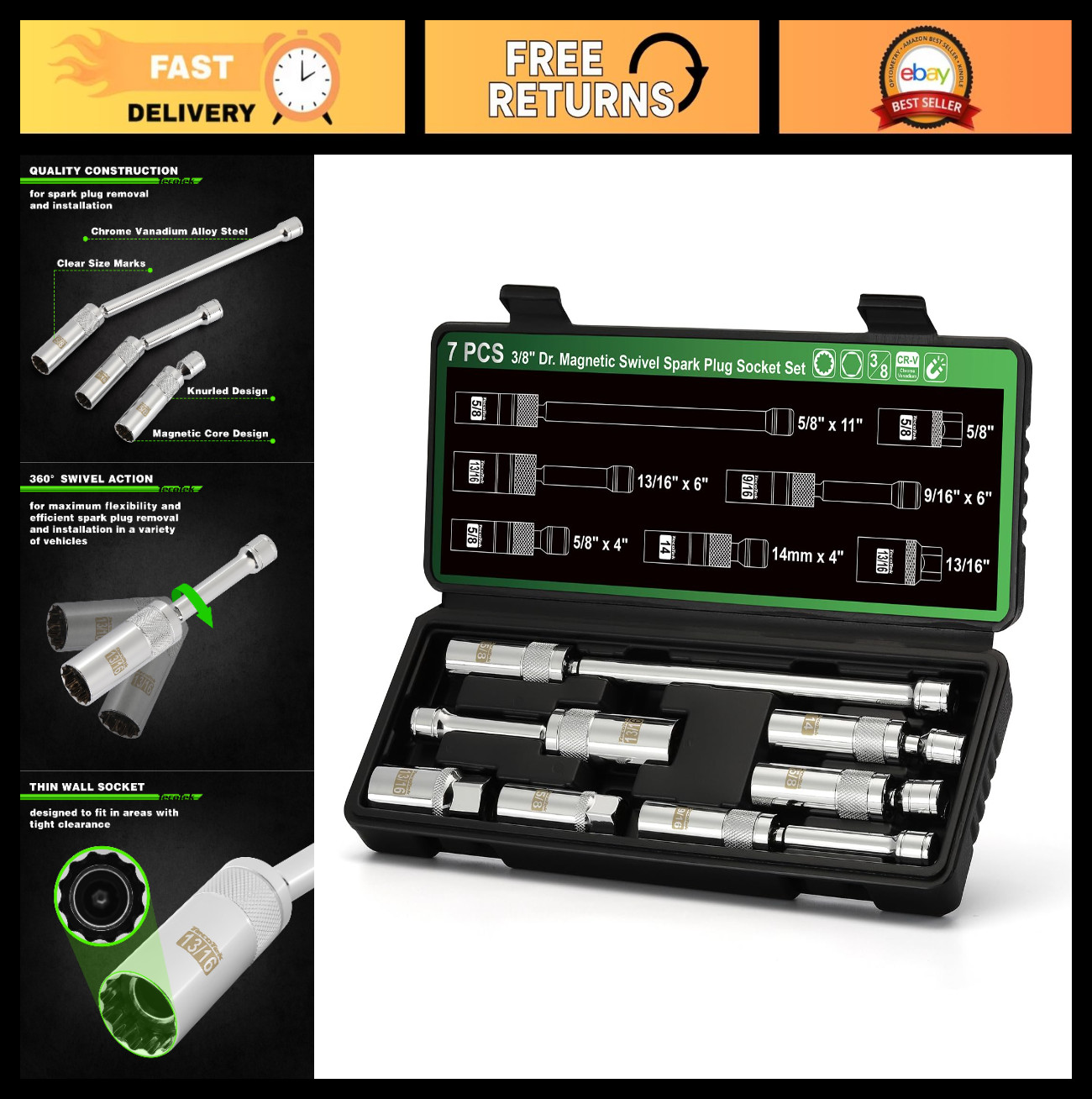 7-Piece Magnetic Swivel Spark Plug Socket Set – 3/8″ Drive, 6-Point & 12-Point,