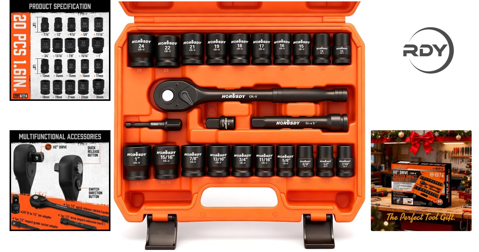High-Quality 1/2″ Drive Impact Socket Set – 24 Pieces with Ratchet & Extension