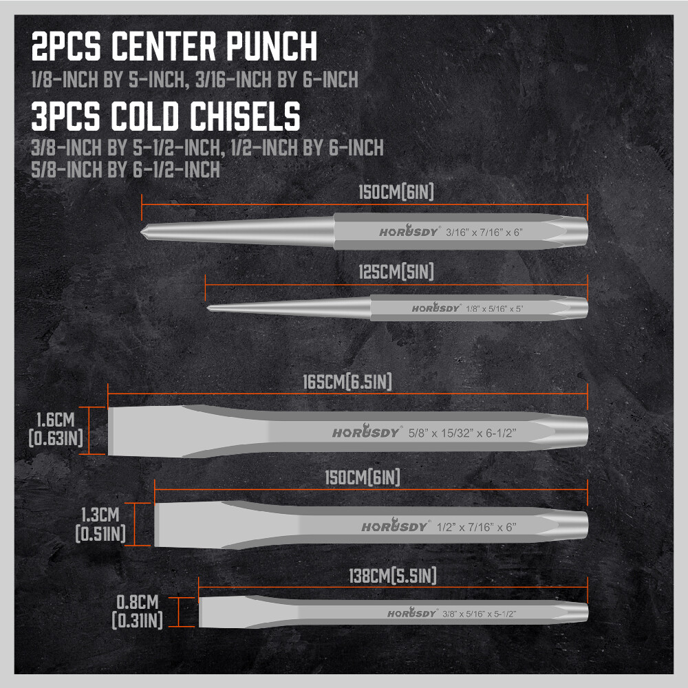16Pc Punch & Cold Chisel Set Pin Tapered Center Punches + Gauge With Roll Pouch